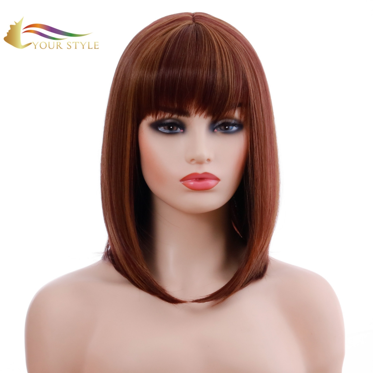 YOUR STYLE, Hair Sellers Κορυφαίες Medium BOB περούκες με κτυπήματα Καφέ ξανθό ασημί-YOUR STYLE, συνθετικές περούκες συνθετική επέκταση μαλλιών