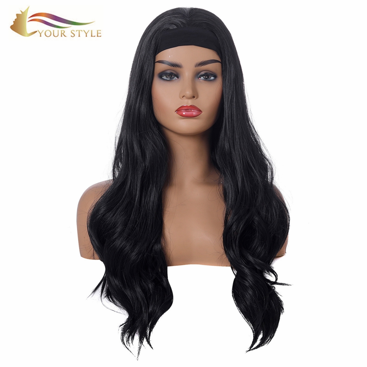 YOUR STYLE , Synthetic Long Wavy Headband Wig Long Black Wave Wig For Women Black Long Wig Cosplay Party-YOUR STYLE, synthetic wigs synthetic hair extension