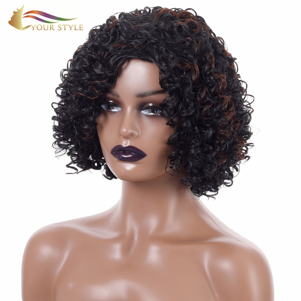 YOUR STYLE , Synthetic Afro Kinky Curly Wigs With Bangs Female Afro Wig Bob Wigs For Black Women African American-YOUR STYLE, synthetic wigs synthetic hair extension