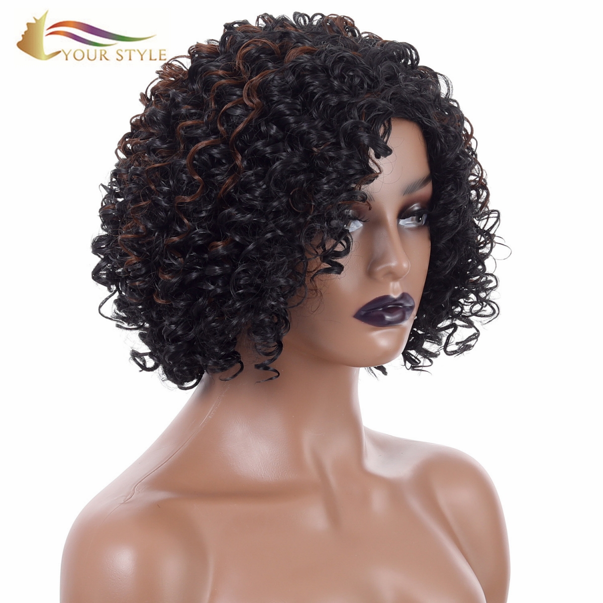 YOUR STYLE , Synthetic Afro Kinky Curly Wigs With Bangs Female Afro Wig Bob Wigs For Black Women African American-YOUR STYLE, synthetic wigs synthetic hair extension