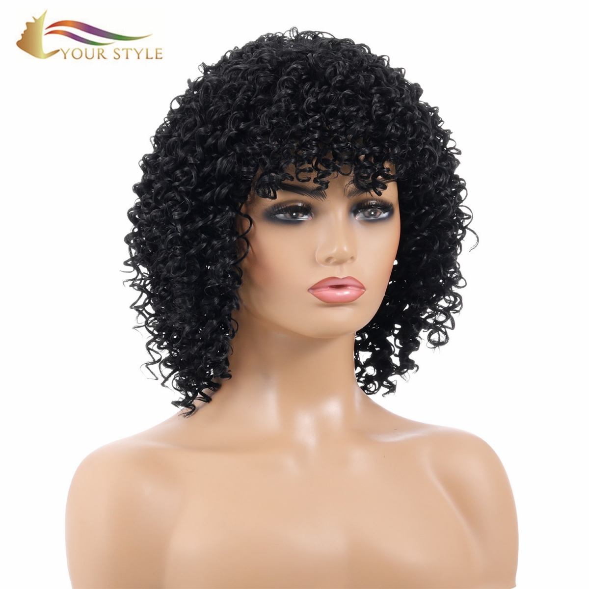 GAYA ANDA, Grosir Sintetis Pendek Keriting Keriting Bob Wig Kanthi Poni Pinggiran Kanggo Wanita Hitam Afro Afrika-Amerika-GAYA ANDA, wig sintetis ekstensi rambut sintetis