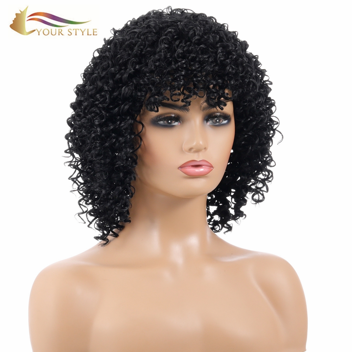 GAYA ANDA, Grosir Sintetis Pendek Keriting Keriting Bob Wig Kanthi Poni Pinggiran Kanggo Wanita Hitam Afro Afrika-Amerika-GAYA ANDA, wig sintetis ekstensi rambut sintetis