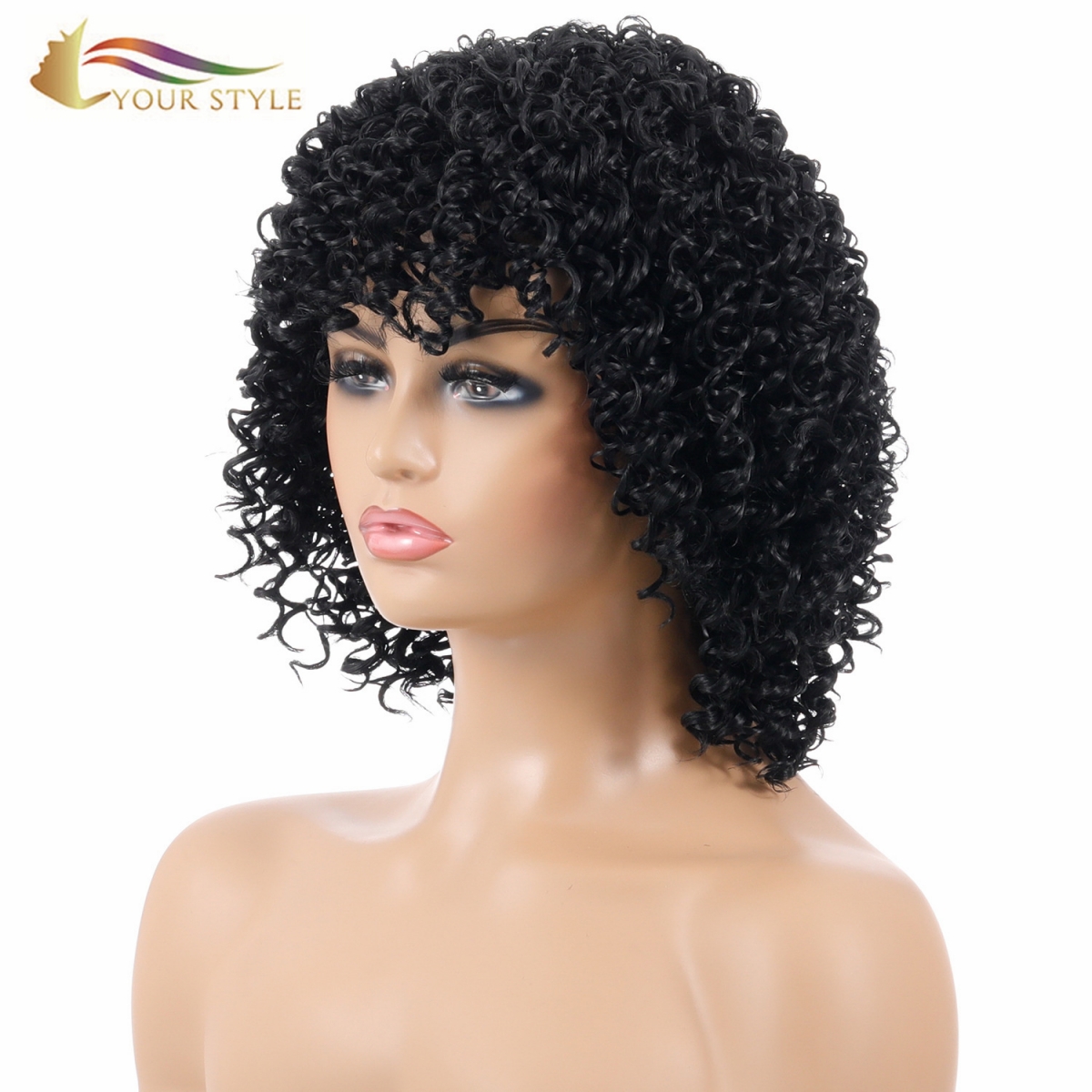 GAYA ANDA, Grosir Sintetis Pendek Keriting Keriting Bob Wig Kanthi Poni Pinggiran Kanggo Wanita Hitam Afro Afrika-Amerika-GAYA ANDA, wig sintetis ekstensi rambut sintetis