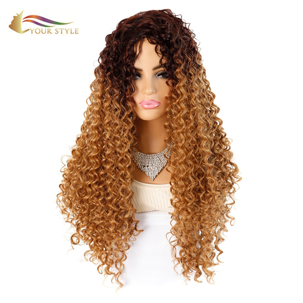 YOUR STYLE Synthetic Long Kinky Curly Wig Mixed Honey brownBrown Afro Wigs For African American Women Ladies Girls Female Afro Wig-YOUR STYLE, synthetic wigs synthetic hair extension