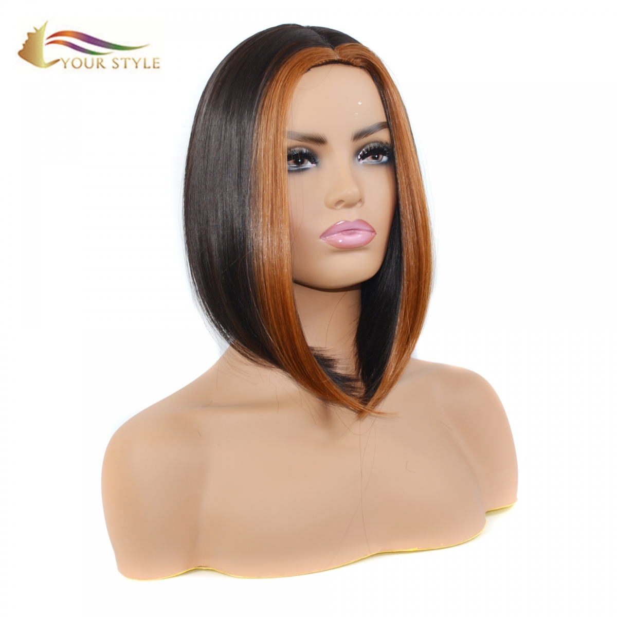 YOUR STYLE,  Synthetic Bob Wig With Middle Part Afro Wig Black Women Black Mixed Brown Female Afro Wig-YOUR STYLE, synthetic wigs synthetic hair extension