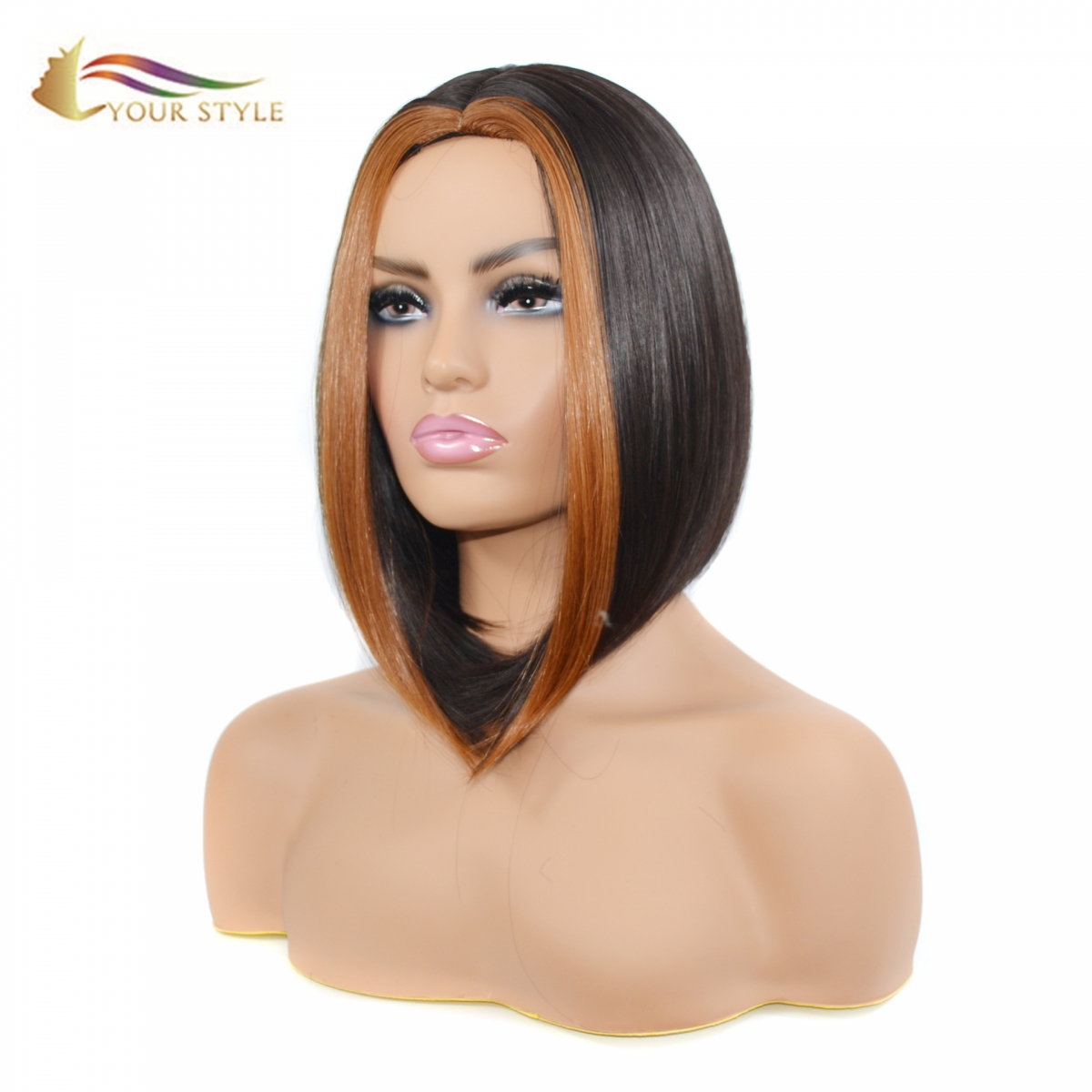 YOUR STYLE,  Synthetic Bob Wig With Middle Part Afro Wig Black Women Black Mixed Brown Female Afro Wig-YOUR STYLE, synthetic wigs synthetic hair extension