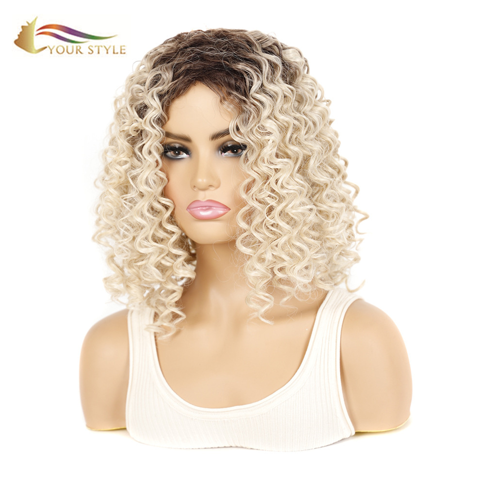 YOUR STYLE , Hair Wig Suppliers Syntheitc Kinky Curly Wig Medium Wig For Women Brown Rooted Platinum Blonde Wigs Afro American  Wig-YOUR STYLE, synthetic wigs synthetic hair extension