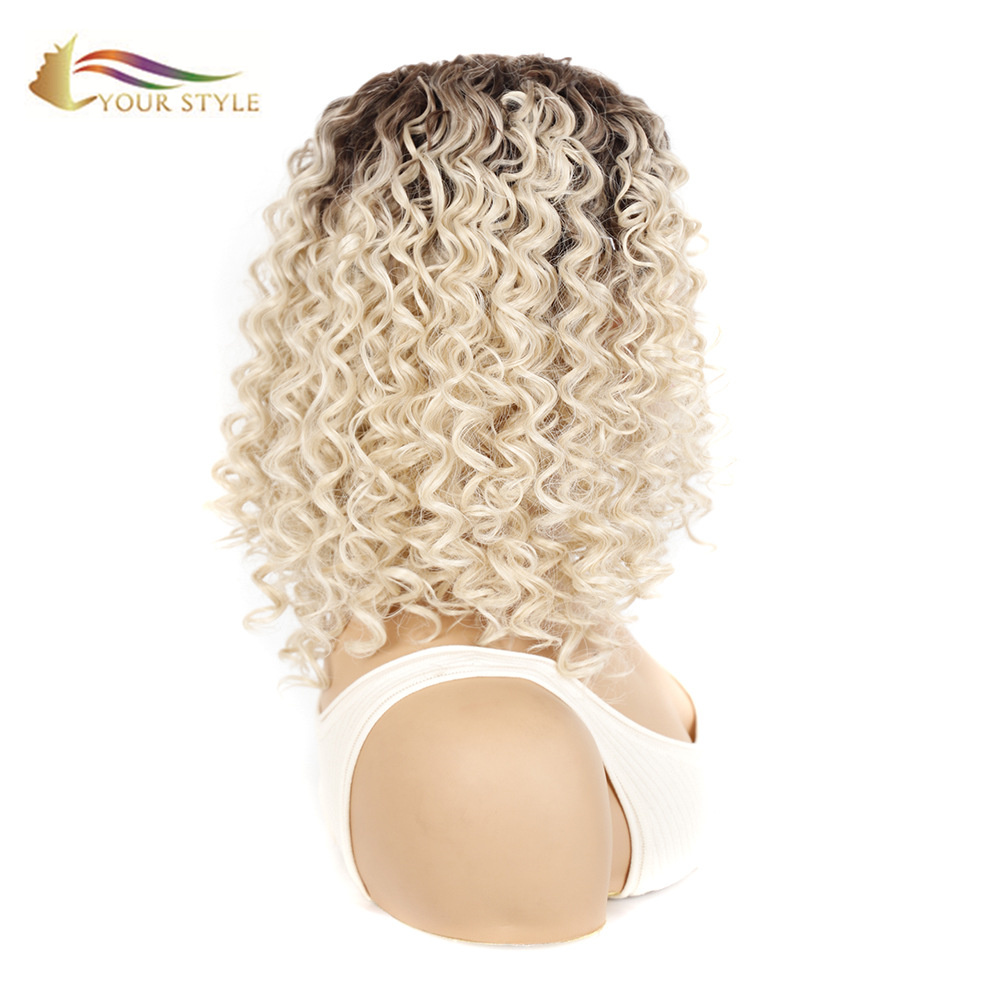 YOUR STYLE , Hair Wig Suppliers Syntheitc Kinky Curly Wig Medium Wig For Women Brown Rooted Platinum Blonde Wigs Afro American  Wig-YOUR STYLE, synthetic wigs synthetic hair extension