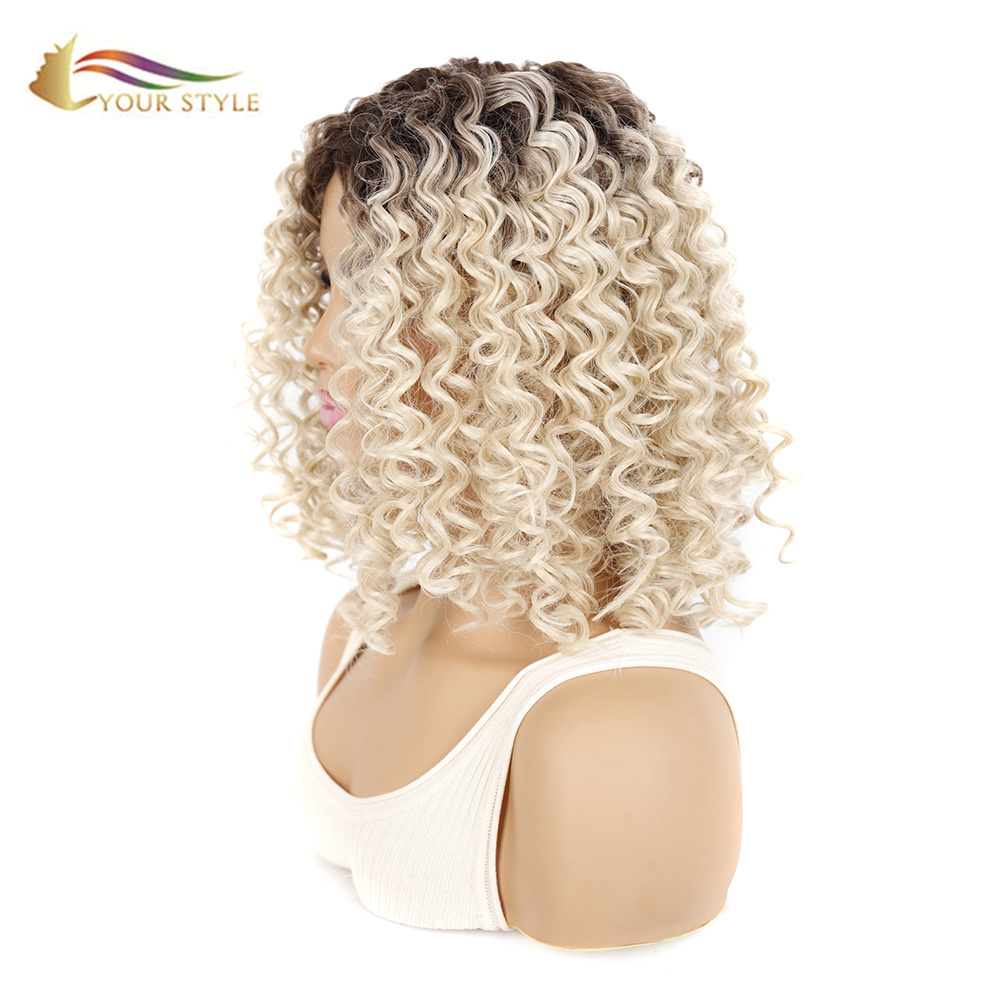 YOUR STYLE , Hair Wig Suppliers Syntheitc Kinky Curly Wig Medium Wig For Women Brown Rooted Platinum Blonde Wigs Afro American  Wig-YOUR STYLE, synthetic wigs synthetic hair extension