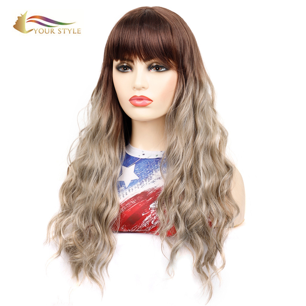 YOUR STYLE , Wig Wholesaler Synthetic Long Loose Wave Wig With Bangs Ombre Brown Blonde Female Afro Wigs-YOUR STYLE, synthetic wigs synthetic hair extension