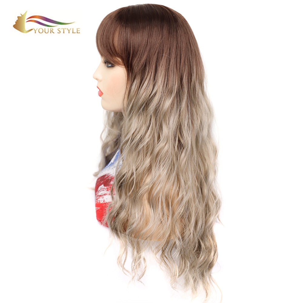 YOUR STYLE , Wig Wholesaler Synthetic Long Loose Wave Wig With Bangs Ombre Brown Blonde Female Afro Wigs-YOUR STYLE, synthetic wigs synthetic hair extension