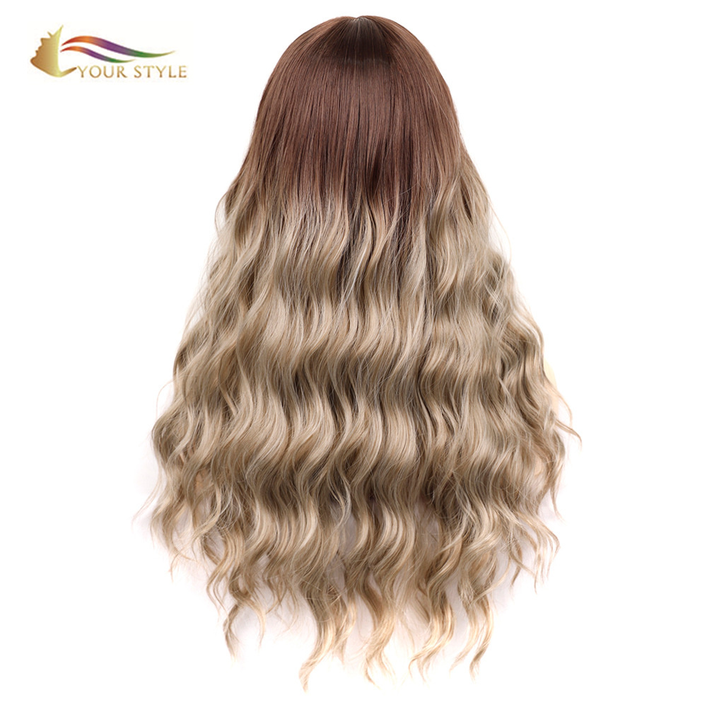 YOUR STYLE , Wig Wholesaler Synthetic Long Loose Wave Wig With Bangs Ombre Brown Blonde Female Afro Wigs-YOUR STYLE, synthetic wigs synthetic hair extension