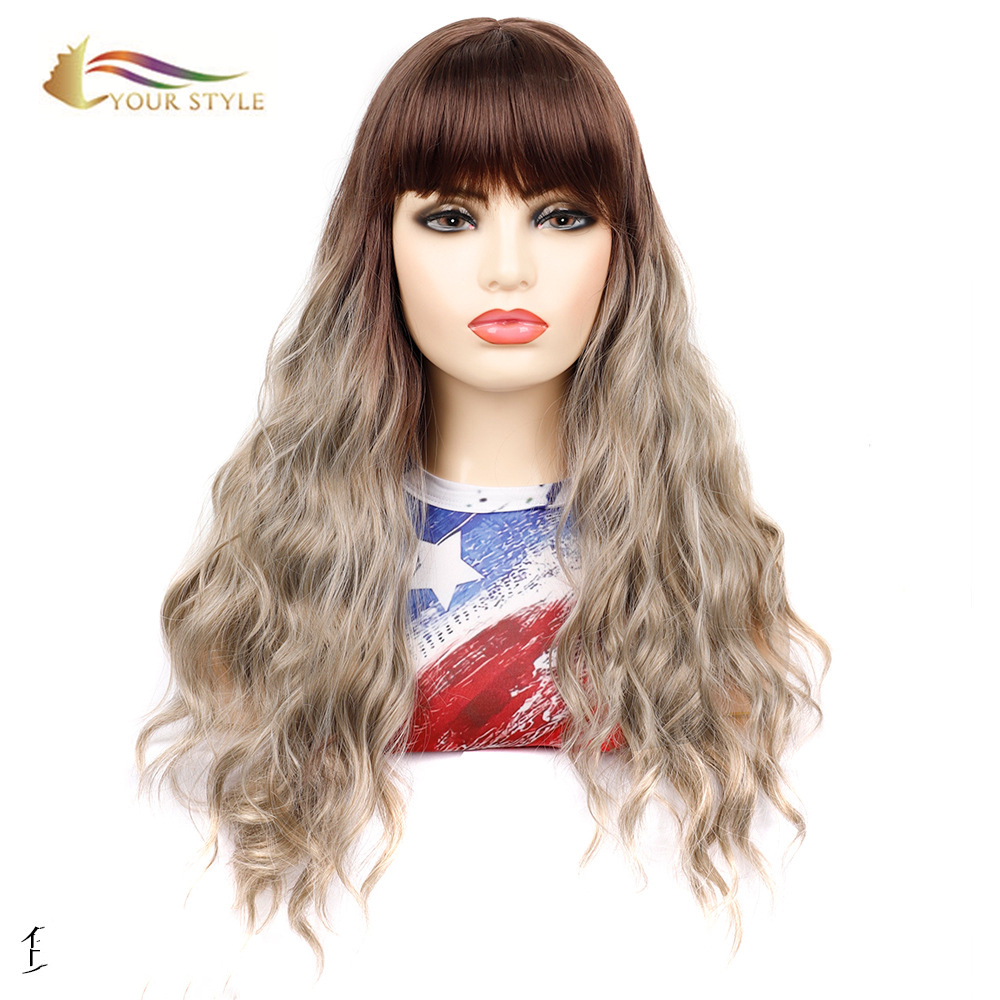 YOUR STYLE , Wig Wholesaler Synthetic Long Loose Wave Wig With Bangs Ombre Brown Blonde Female Afro Wigs-YOUR STYLE, synthetic wigs synthetic hair extension