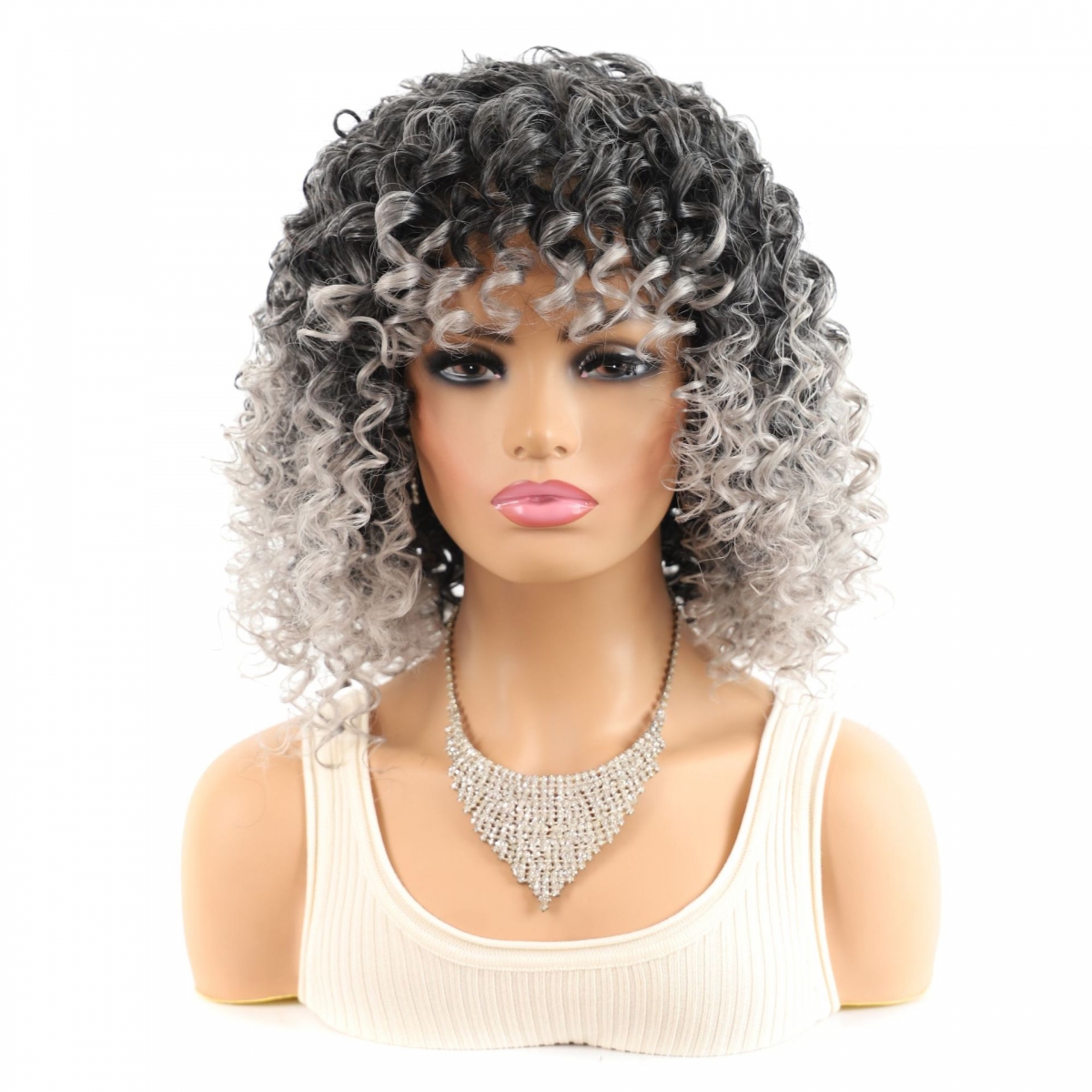 YOUR STYLE , Synthetic Short Wig Afro Kinky Curly Wigs For Black Women Black Gray Ombre Bob Wig With Bangs Female Afro Wig-YOUR STYLE, synthetic wigs synthetic hair extension