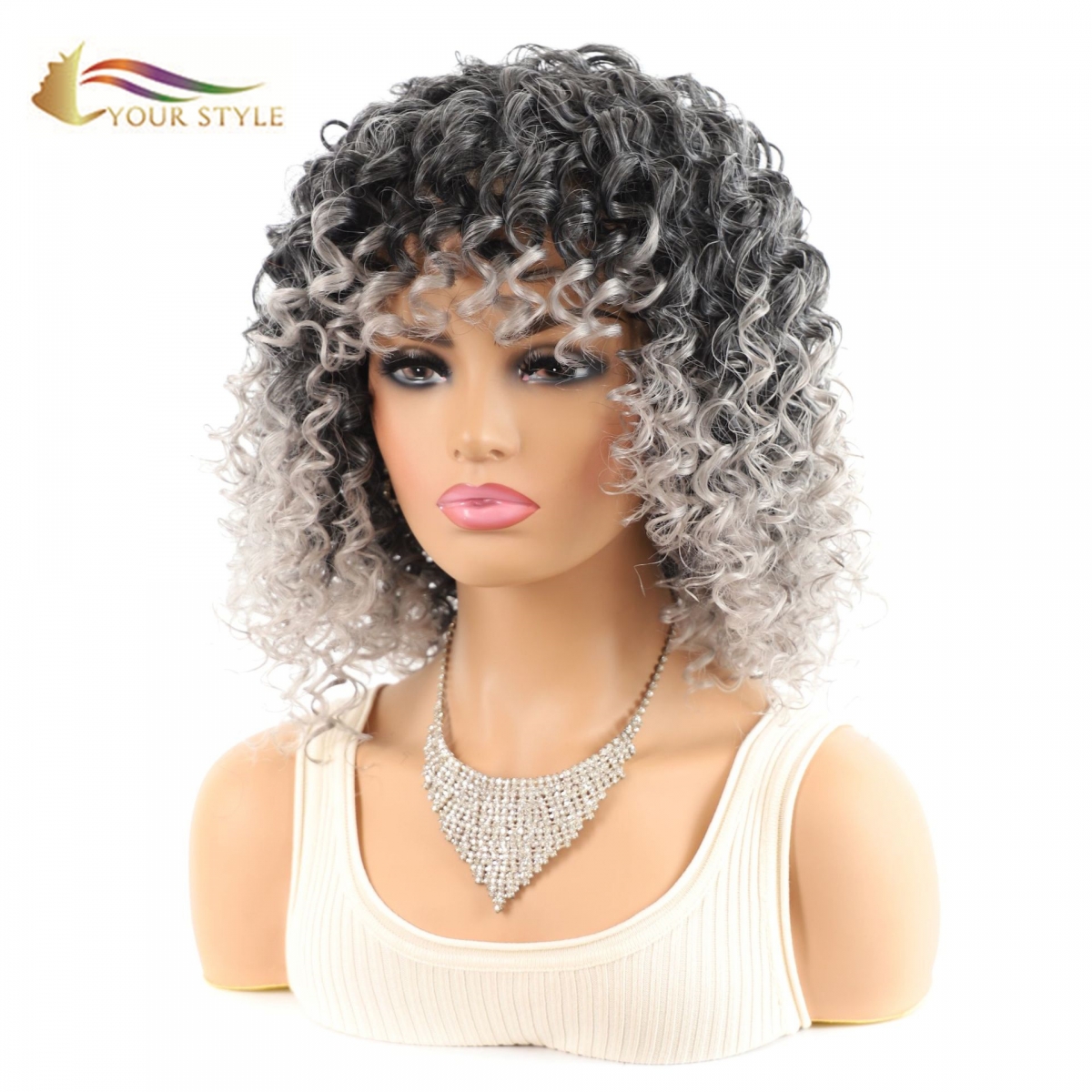 YOUR STYLE , Synthetic Short Wig Afro Kinky Curly Wigs For Black Women Black Gray Ombre Bob Wig With Bangs Female Afro Wig-YOUR STYLE, synthetic wigs synthetic hair extension