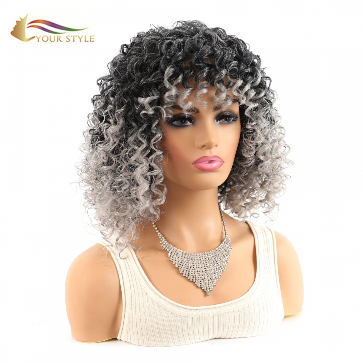 YOUR STYLE , Synthetic Short Wig Afro Kinky Curly Wigs For Black Women Black Gray Ombre Bob Wig With Bangs Female Afro Wig-YOUR STYLE, synthetic wigs synthetic hair extension