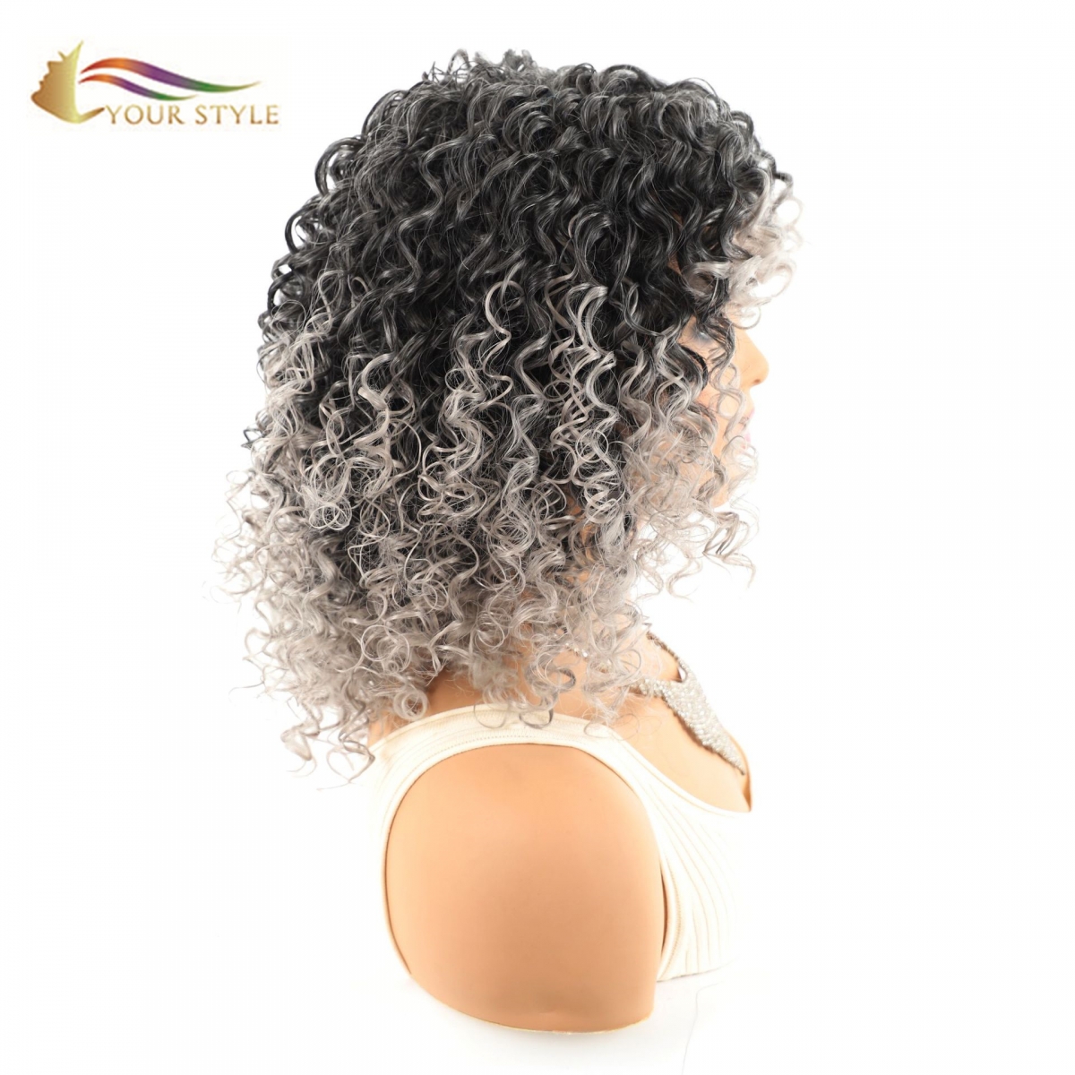 YOUR STYLE , Synthetic Short Wig Afro Kinky Curly Wigs For Black Women Black Gray Ombre Bob Wig With Bangs Female Afro Wig-YOUR STYLE, synthetic wigs synthetic hair extension