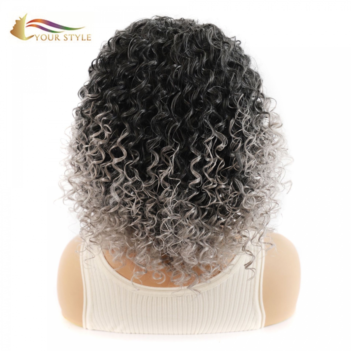 YOUR STYLE , Synthetic Short Wig Afro Kinky Curly Wigs For Black Women Black Gray Ombre Bob Wig With Bangs Female Afro Wig-YOUR STYLE, synthetic wigs synthetic hair extension