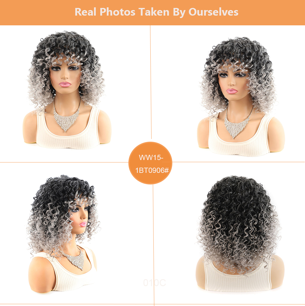 YOUR STYLE , Synthetic Short Wig Afro Kinky Curly Wigs For Black Women Black Gray Ombre Bob Wig With Bangs Female Afro Wig-YOUR STYLE, synthetic wigs synthetic hair extension