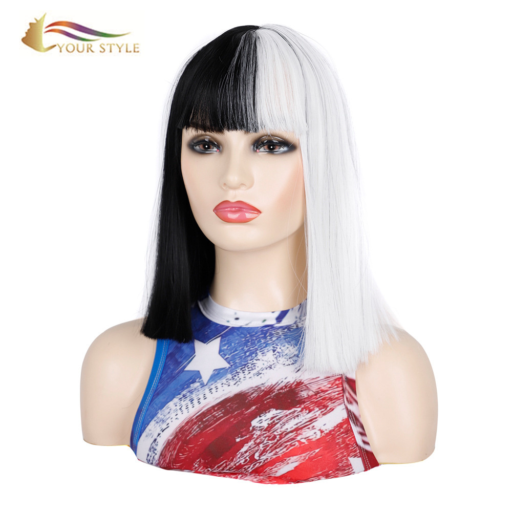 YOUR STYLE ,Straight Wig With Bangs Synthetic Medium Wig Black White Color Women Wigs-YOUR STYLE, synthetic wigs synthetic hair extension