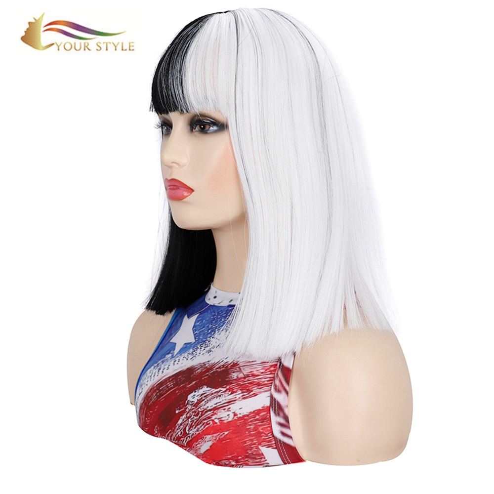 YOUR STYLE ,Straight Wig With Bangs Synthetic Medium Wig Black White Color Women Wigs-YOUR STYLE, synthetic wigs synthetic hair extension