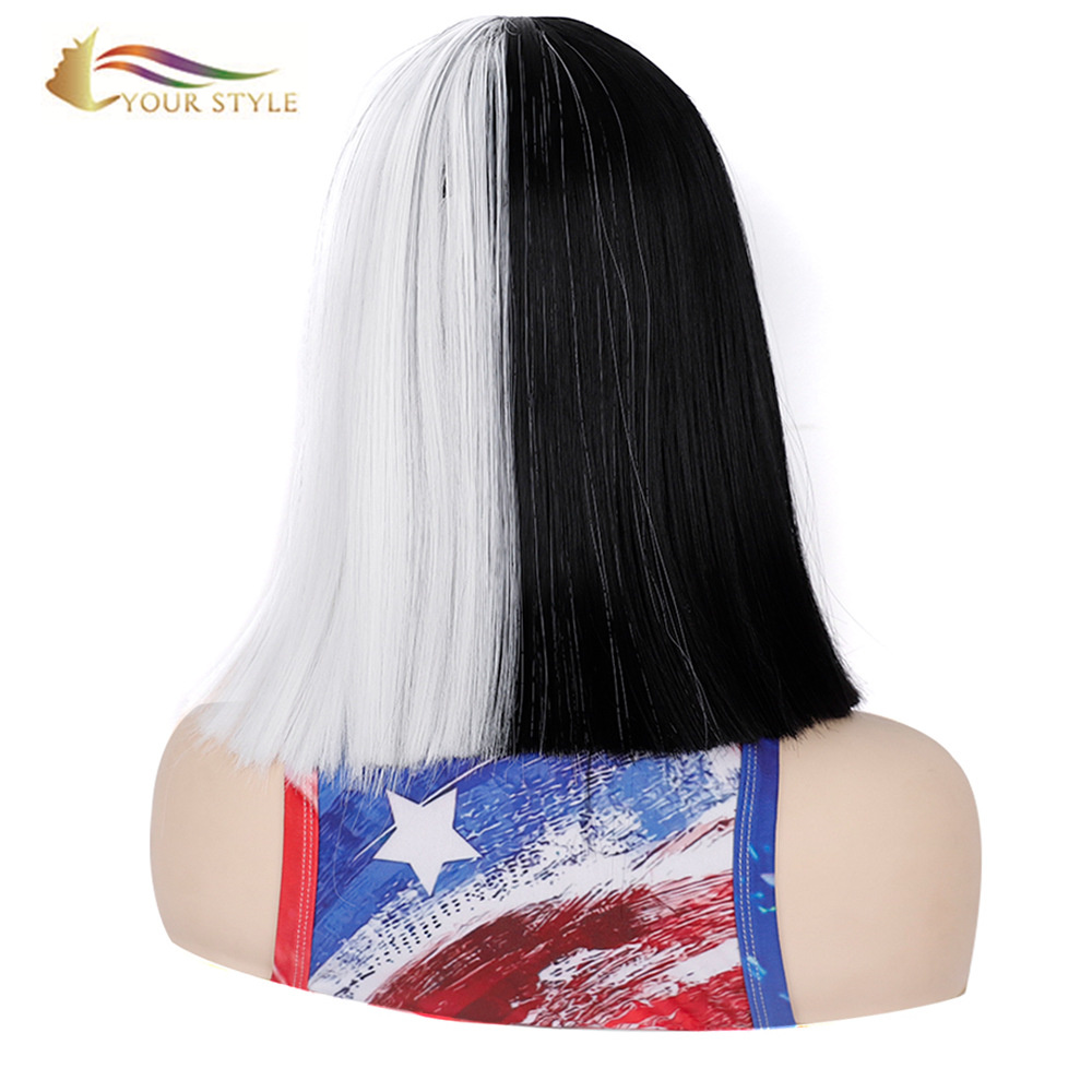 YOUR STYLE ,Straight Wig With Bangs Synthetic Medium Wig Black White Color Women Wigs-YOUR STYLE, synthetic wigs synthetic hair extension