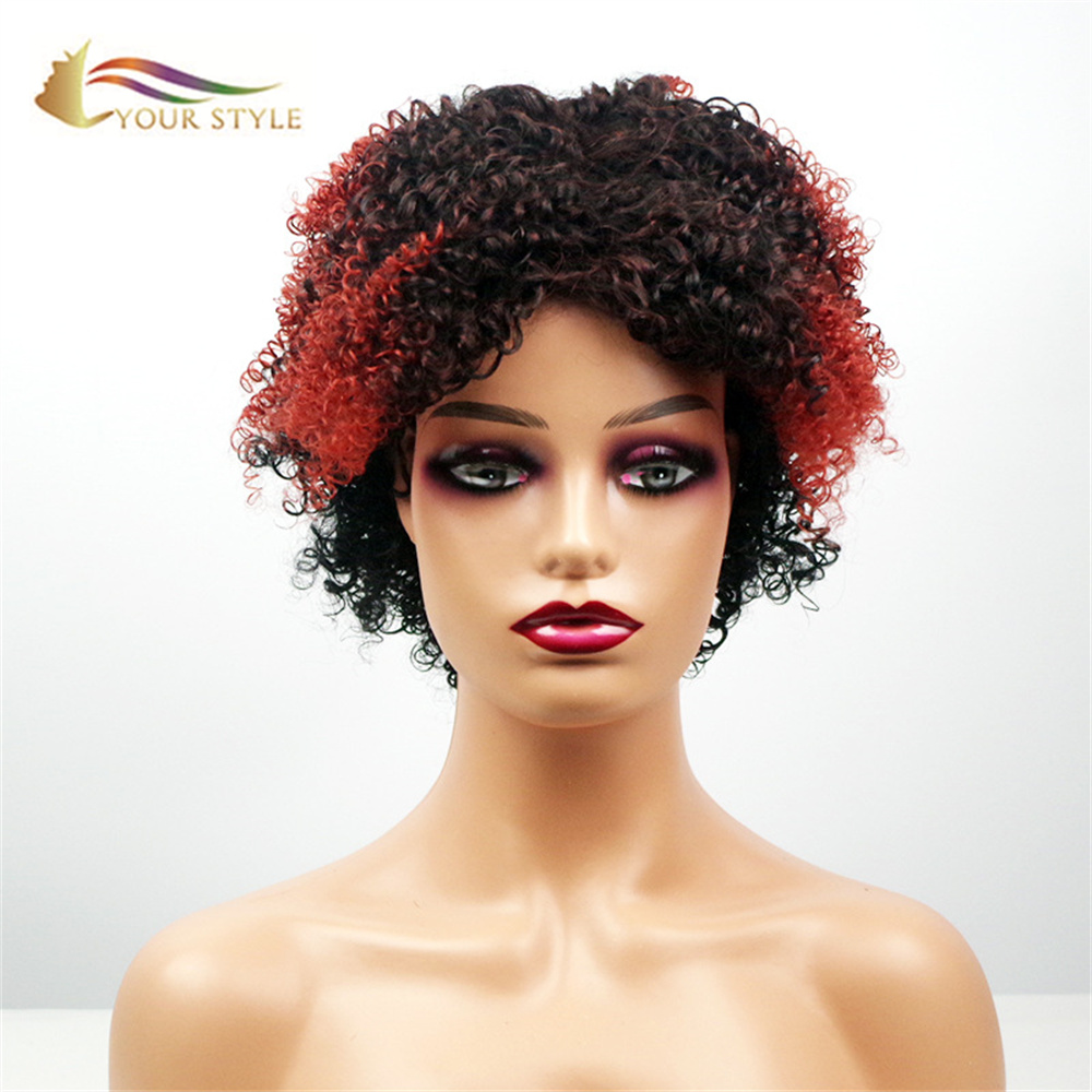 YOUR STYLE Afro Kinky Curly Wigs Synthetic Ombre Black Red Short Haircut Curly Wig Short Wig Black Women-YOUR STYLE, synthetic wigs synthetic hair extension