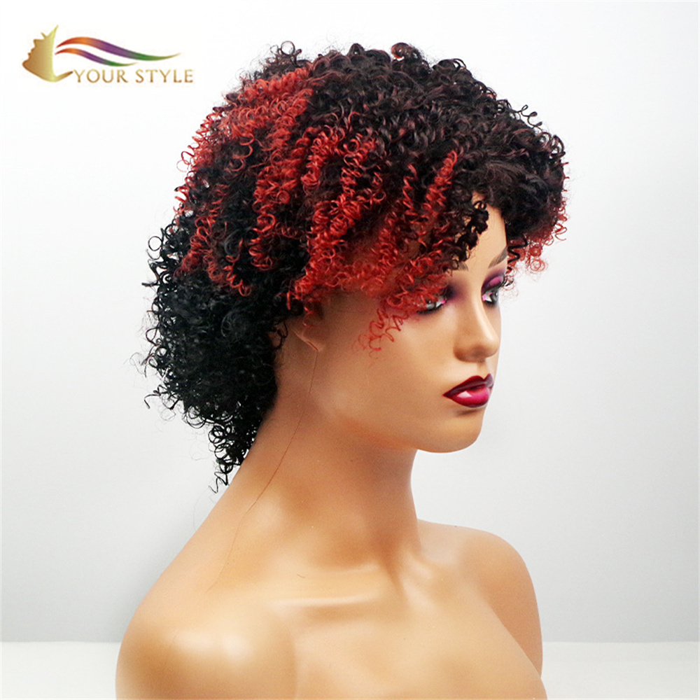 YOUR STYLE Afro Kinky Curly Wigs Synthetic Ombre Black Red Short Haircut Curly Wig Short Wig Black Women-YOUR STYLE, synthetic wigs synthetic hair extension