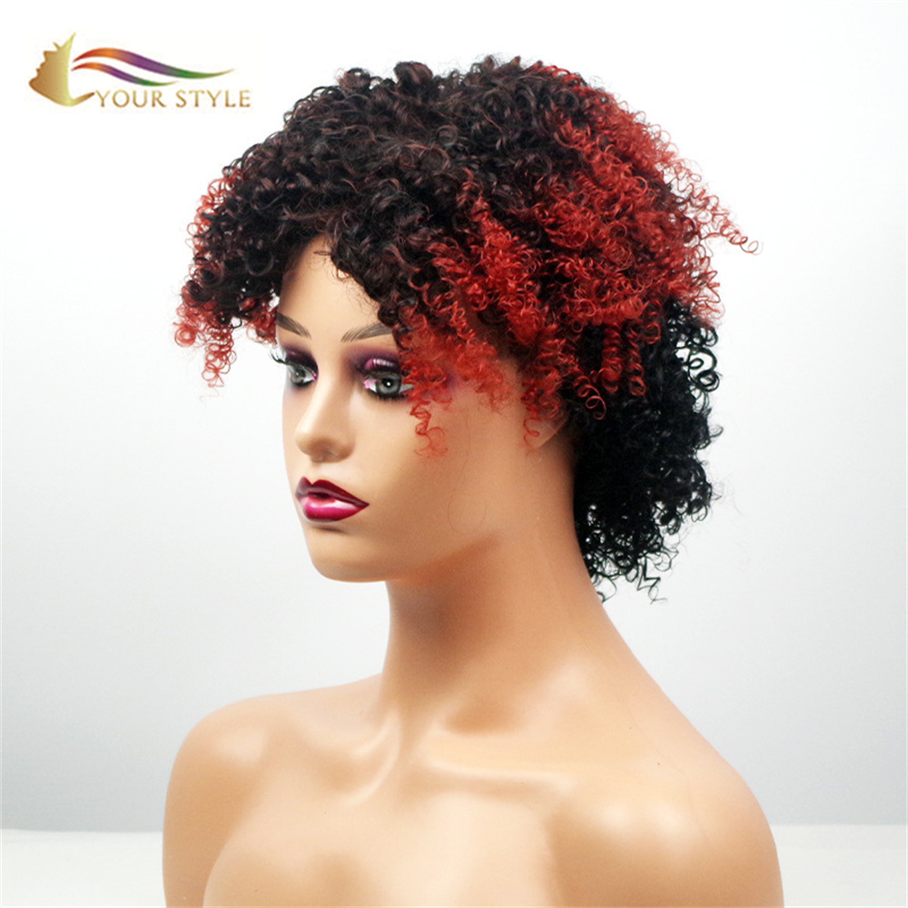 YOUR STYLE Afro Kinky Curly Wigs Synthetic Ombre Black Red Short Haircut Curly Wig Short Wig Black Women-YOUR STYLE, synthetic wigs synthetic hair extension