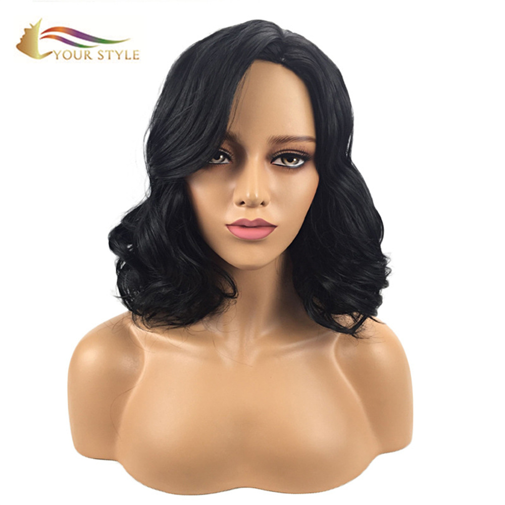 YOUR STYLE , Medium Wavy Wigs Black Color Synthetic Fiber-YOUR STYLE, synthetic wigs synthetic hair extension