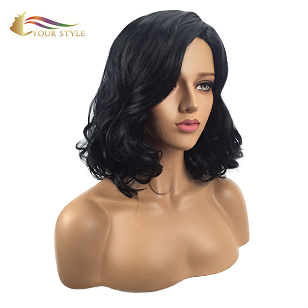 YOUR STYLE , Medium Wavy Wigs Black Color Synthetic Fiber-YOUR STYLE, synthetic wigs synthetic hair extension