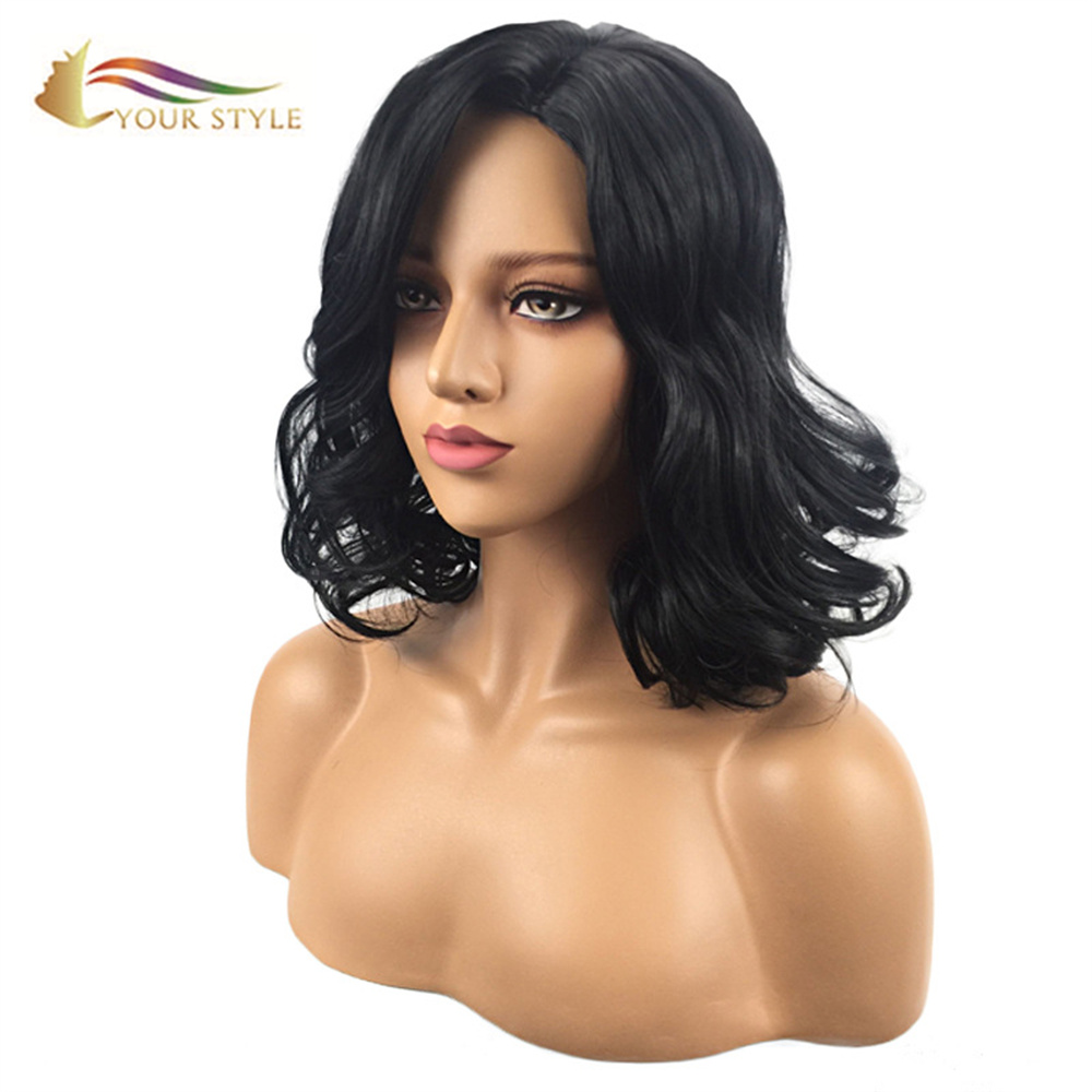 YOUR STYLE , Medium Wavy Wigs Black Color Synthetic Fiber-YOUR STYLE, synthetic wigs synthetic hair extension