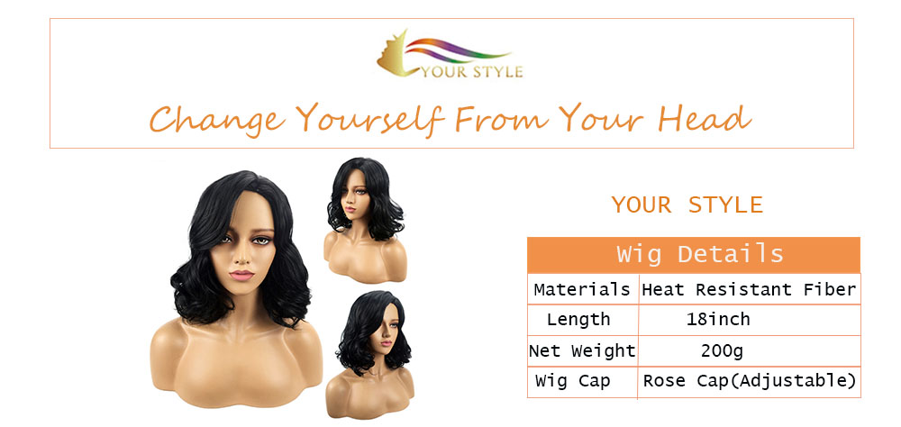 YOUR STYLE , Medium Wavy Wigs Black Color Synthetic Fiber-YOUR STYLE, synthetic wigs synthetic hair extension