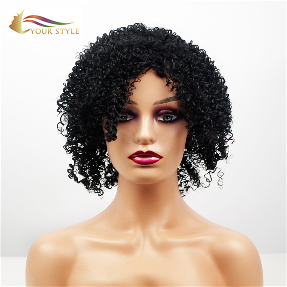 YOUR STYLE, Afro Kinky Curly Pruiken Swarte Kleur Synthetic Fiber-YOUR STYLE, syntetyske pruiken syntetyske hierferlinging