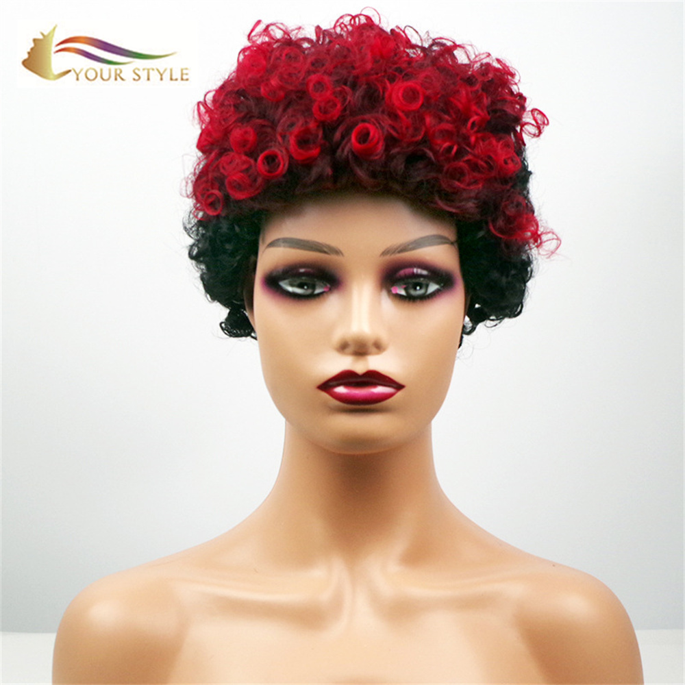 YOUR STYLE Short Curly Wigs Synthetic Afro Wigs Black Women Short Haircuts Red Black Color-YOUR STYLE, synthetic wigs synthetic hair extension