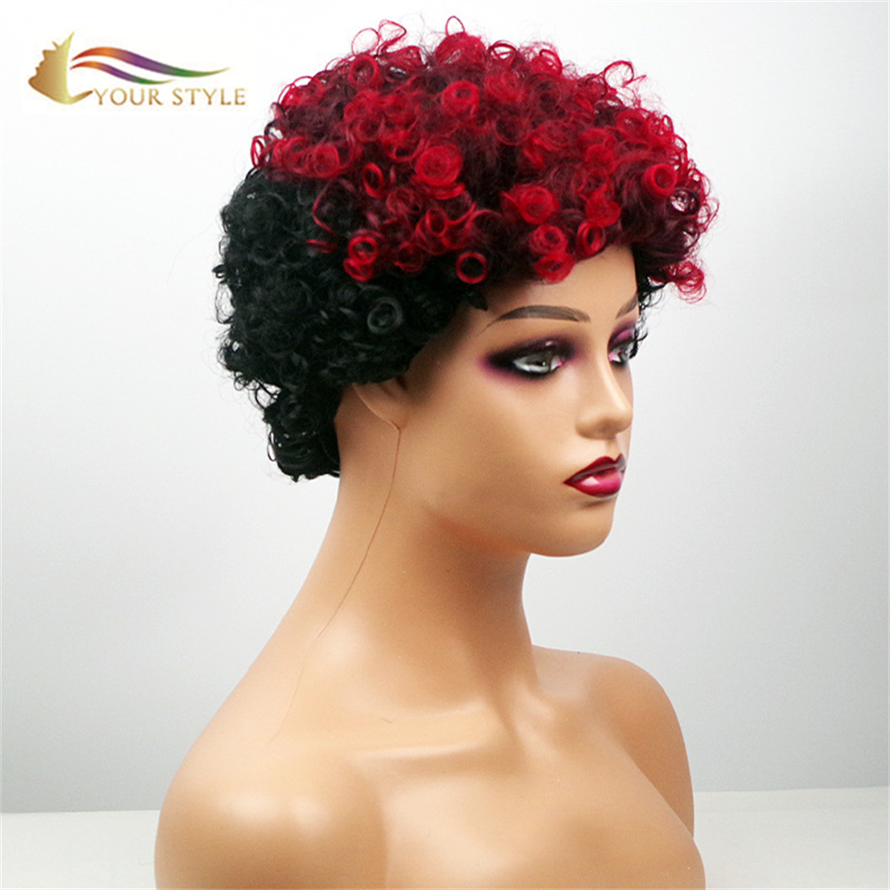 YOUR STYLE Short Curly Wigs Synthetic Afro Wigs Black Women Short Haircuts Red Black Color-YOUR STYLE, synthetic wigs synthetic hair extension