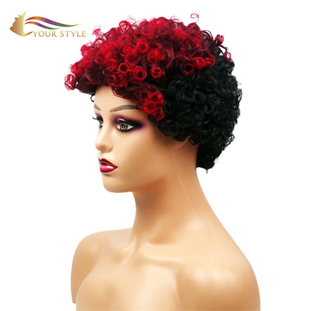 YOUR STYLE Short Curly Wigs Synthetic Afro Wigs Black Women Short Haircuts Red Black Color-YOUR STYLE, synthetic wigs synthetic hair extension