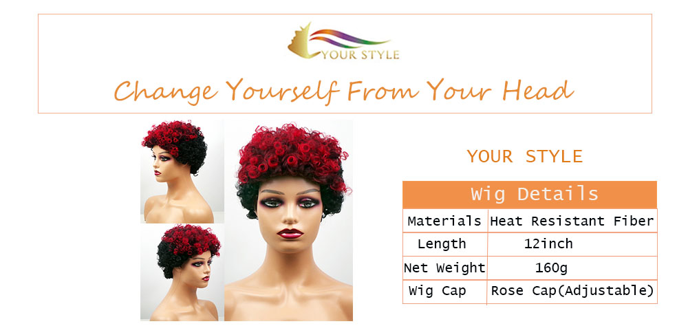 YOUR STYLE Short Curly Wigs Synthetic Afro Wigs Black Women Short Haircuts Red Black Color-YOUR STYLE, synthetic wigs synthetic hair extension