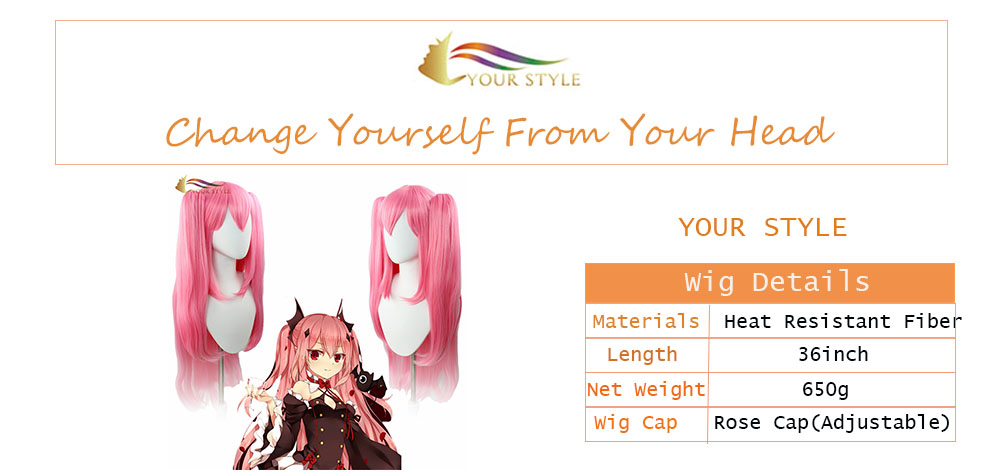 YOUR STYLE, Wholesale  Seraph Of The End Krul Tepes Cosplay Wig Ponytail Pink Synthetic Seraph Of The End Krul Tepes Long Straight Clips Party Halloween Costume Wigs Girls Women Female-YOUR STYLE, synthetic wigs synthetic hair extension