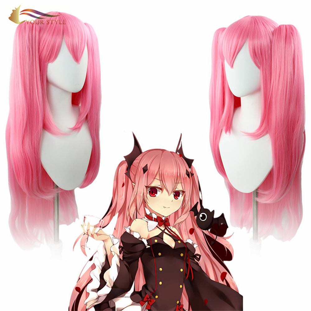 YOUR STYLE, Wholesale  Seraph Of The End Krul Tepes Cosplay Wig Ponytail Pink Synthetic Seraph Of The End Krul Tepes Long Straight Clips Party Halloween Costume Wigs Girls Women Female-YOUR STYLE, synthetic wigs synthetic hair extension