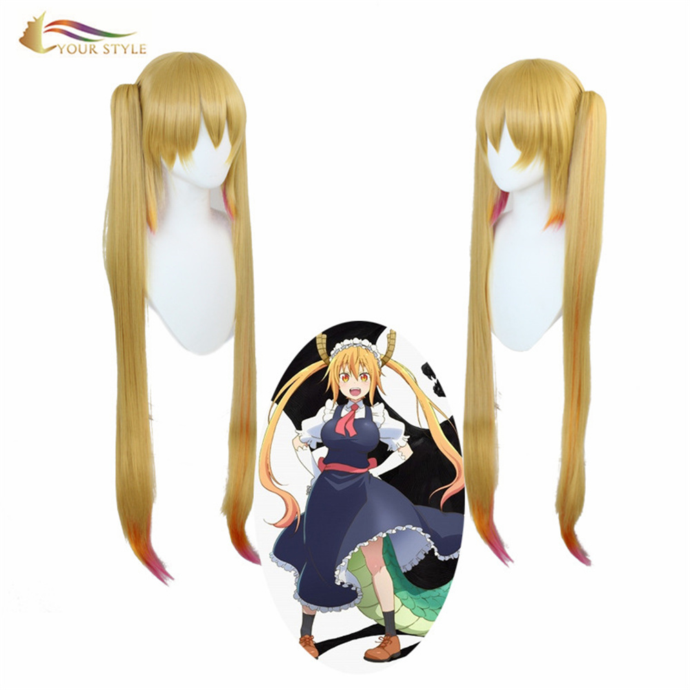 MTINDO WAKO , Jumla ya Cosplay Wig Ponytail Clip Synthetic Yellow Miss Kobayashi's Dragon Maid Party Wigi Halloween Costume Girls Wanawake wa Kike-MTINDO WAKO, wigi synthetic upanuzi wa nywele