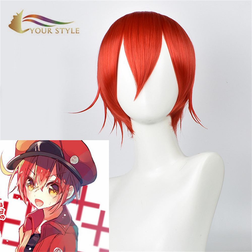 YOUR STYLE , Wholesale Cells At Work Orange Reddish Cosplay Wig Synthetic Short Wigs Party Wig Halloween Costume AE3803 RBC Seqkeqkyuu Red Blood Cell-YOUR STYLE, synthetic wigs synthetic hair extension