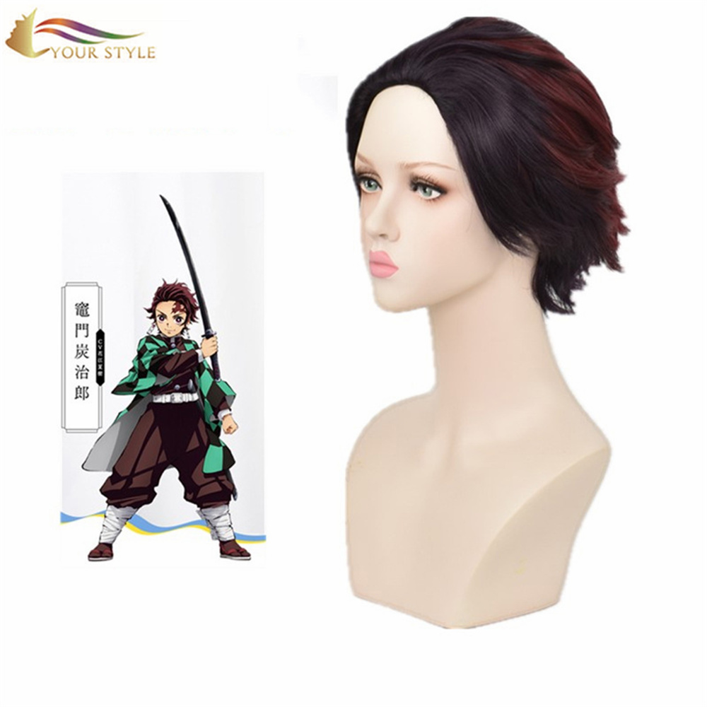 GAYA ANDA, Borong Demon Slayer Kamado Tanjirou Cosplay Wig Ombre Coklat Kemerahan Rambut Palsu Pendek Anime Party Wig Kostum Halloween Wig-GAYA ANDA, rambut palsu sintetik sambungan rambut sintetik