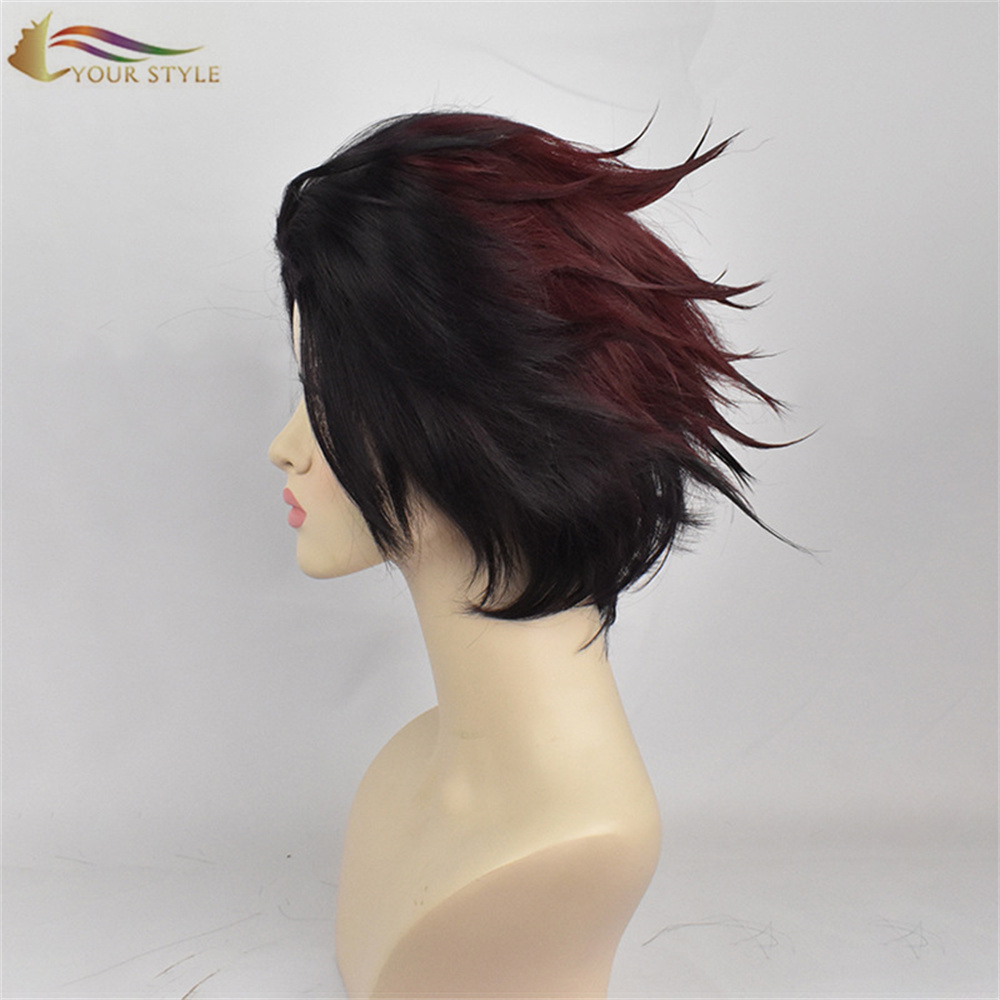 GAYA ANDA, Borong Demon Slayer Kamado Tanjirou Cosplay Wig Ombre Coklat Kemerahan Rambut Palsu Pendek Anime Party Wig Kostum Halloween Wig-GAYA ANDA, rambut palsu sintetik sambungan rambut sintetik