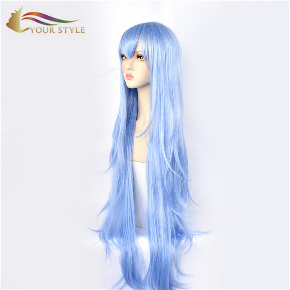 YOUR STYLE , Wholesale Aotu World Lemon Cosplay Wig Blue Synthetic Long Wavy Wig With Bangs Anime Wig Halloween Wig Character Wig Cosplay Female Girls Wig-YOUR STYLE, synthetic wigs synthetic hair extension