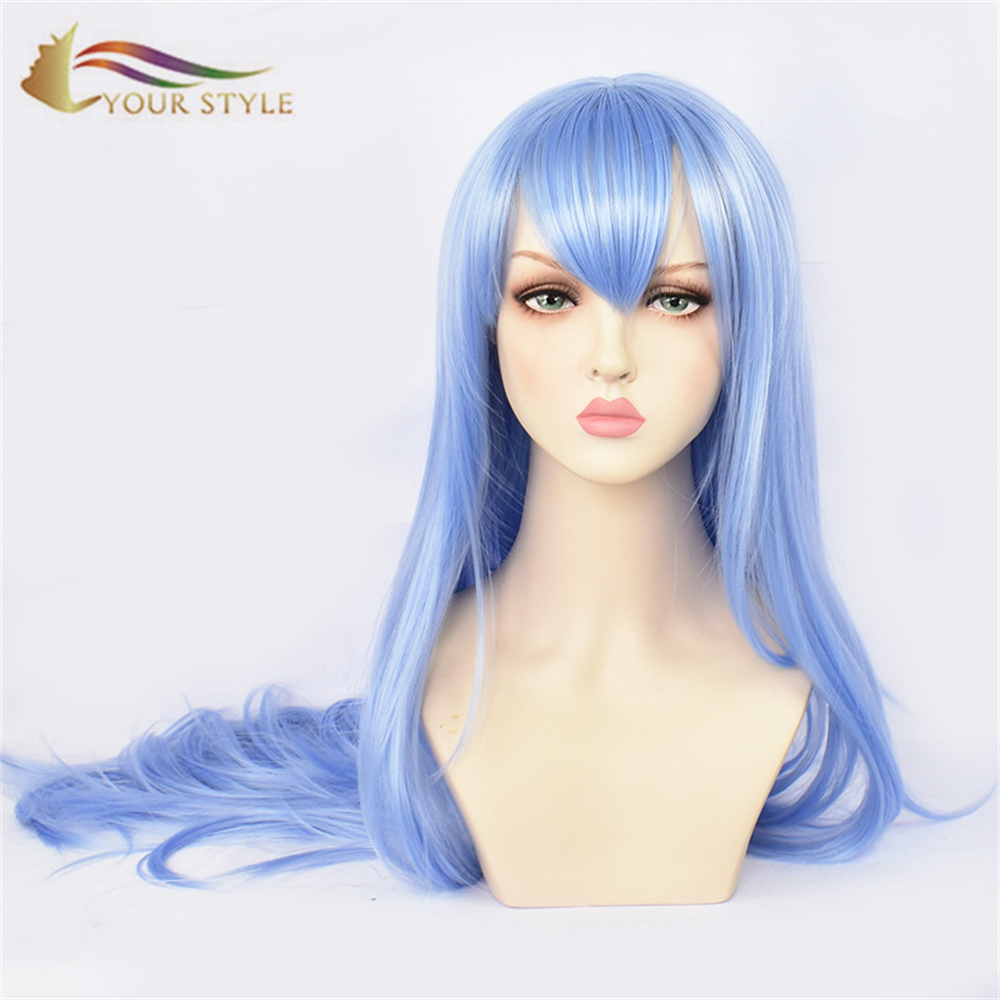 O LOU STYLE , Wholesale Aotu World Lemon Cosplay Wig Blue Synthetic Long Wavy Wig With Bangs Anime Wig Halloween Wig Character Wig Cosplay Female Girls Wig-OU STYLE, synthetic wigs synthetic hair extension