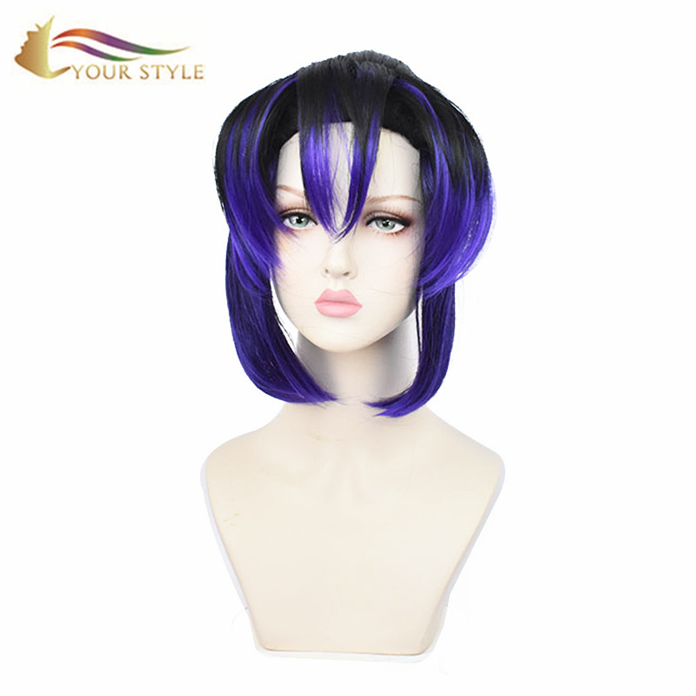 YOUR STYLE , Wholesale Demon Slayer Kochou Shinobu Cosplay Wigs Synthetic Short Wig Dark Purple Costume Anime Wigs Ombre Black Purple Halloween Hair Wigs-YOUR STYLE, synthetic wigs synthetic hair extension