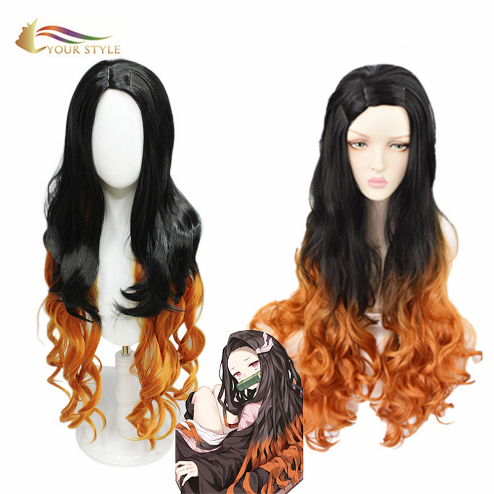 YOUR STYLE , Wholesale Demon Slayer Kamado Nezuko Cosplay Wigs Synthetic Long Wavy Wigs Hair Black Orange Ombre Long Wig For Women Girls Party Wig Halloween Costume-YOUR STYLE, synthetic wigs synthetic hair extension