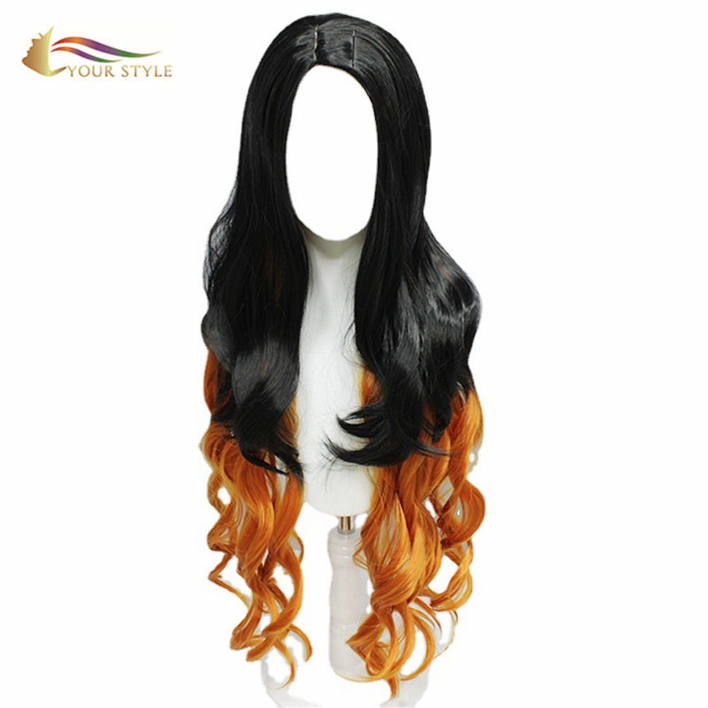 YOUR STYLE , Wholesale Demon Slayer Kamado Nezuko Cosplay Wigs Synthetic Long Wavy Wigs Hair Black Orange Ombre Long Wig For Women Girls Party Wig Halloween Costume-YOUR STYLE, synthetic wigs synthetic hair extension