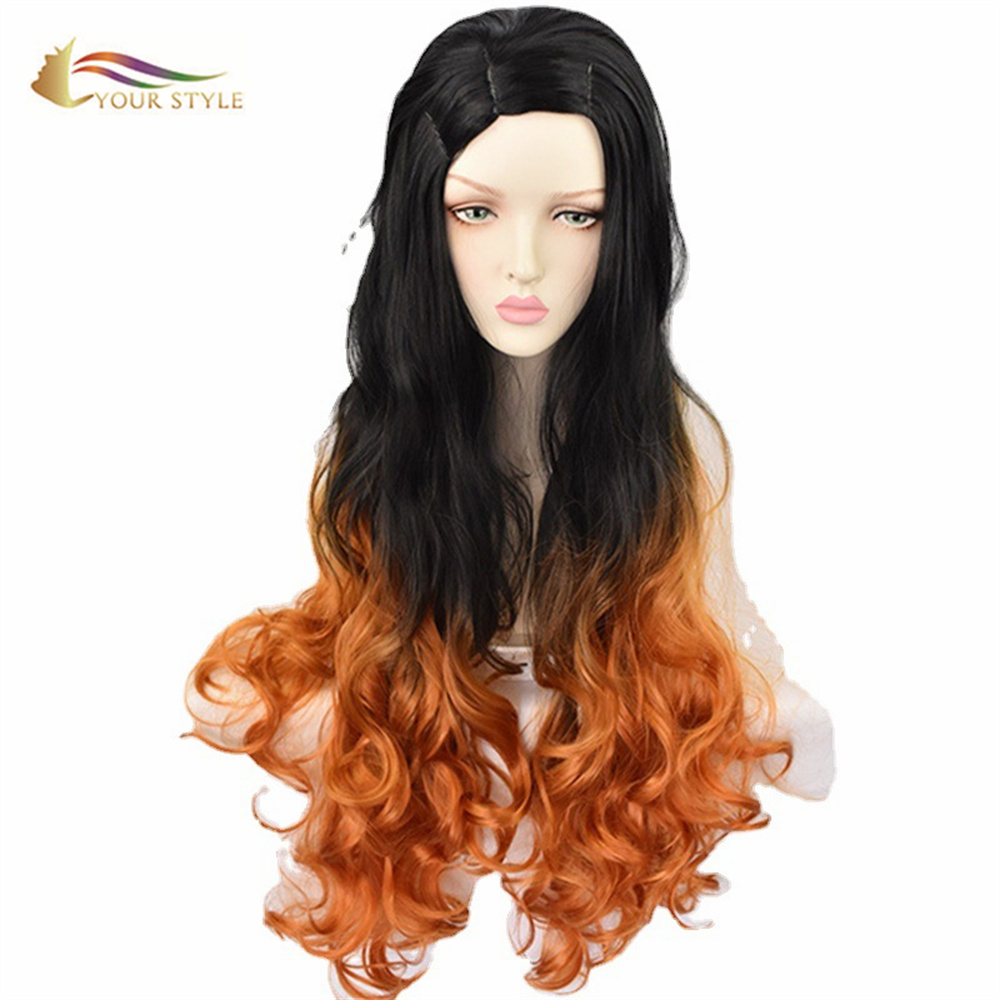 YOUR STYLE , Wholesale Demon Slayer Kamado Nezuko Cosplay Wigs Synthetic Long Wavy Wigs Hair Black Orange Ombre Long Wig For Women Girls Party Wig Halloween Costume-YOUR STYLE, synthetic wigs synthetic hair extension